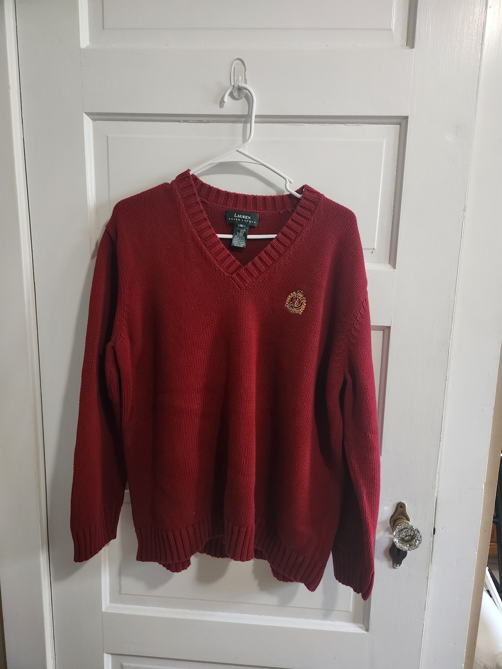Lauren Ralph Lauren XL Burgundy V Neck Sweater Embroidered Crest 100% Cotton